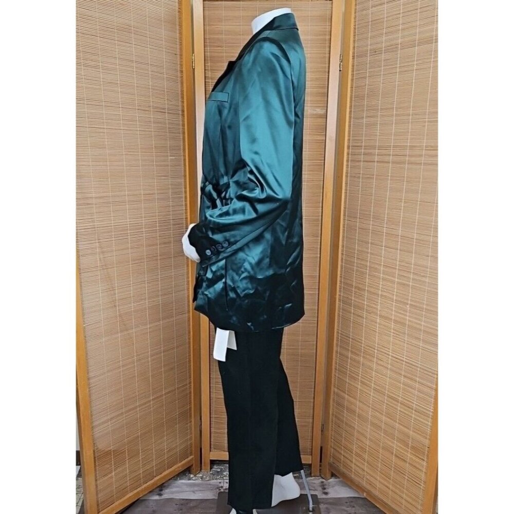 Lattelier Pant Suit Womens M Tie Waist Tuxedo Blazer Satin Green Trouser Outfit - Picture 3 of 16